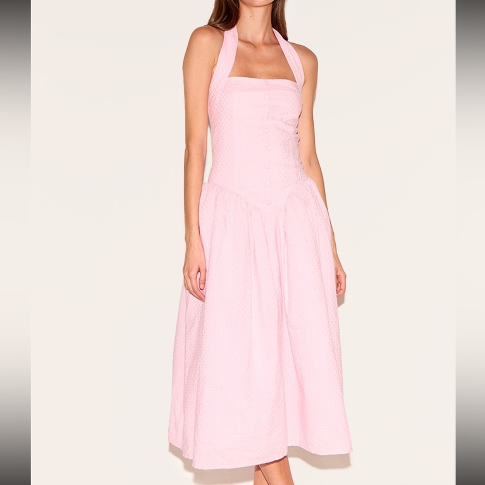 Prettylittlething Candy Pink Embroidered Cotton Halterneck Midaxi Dress